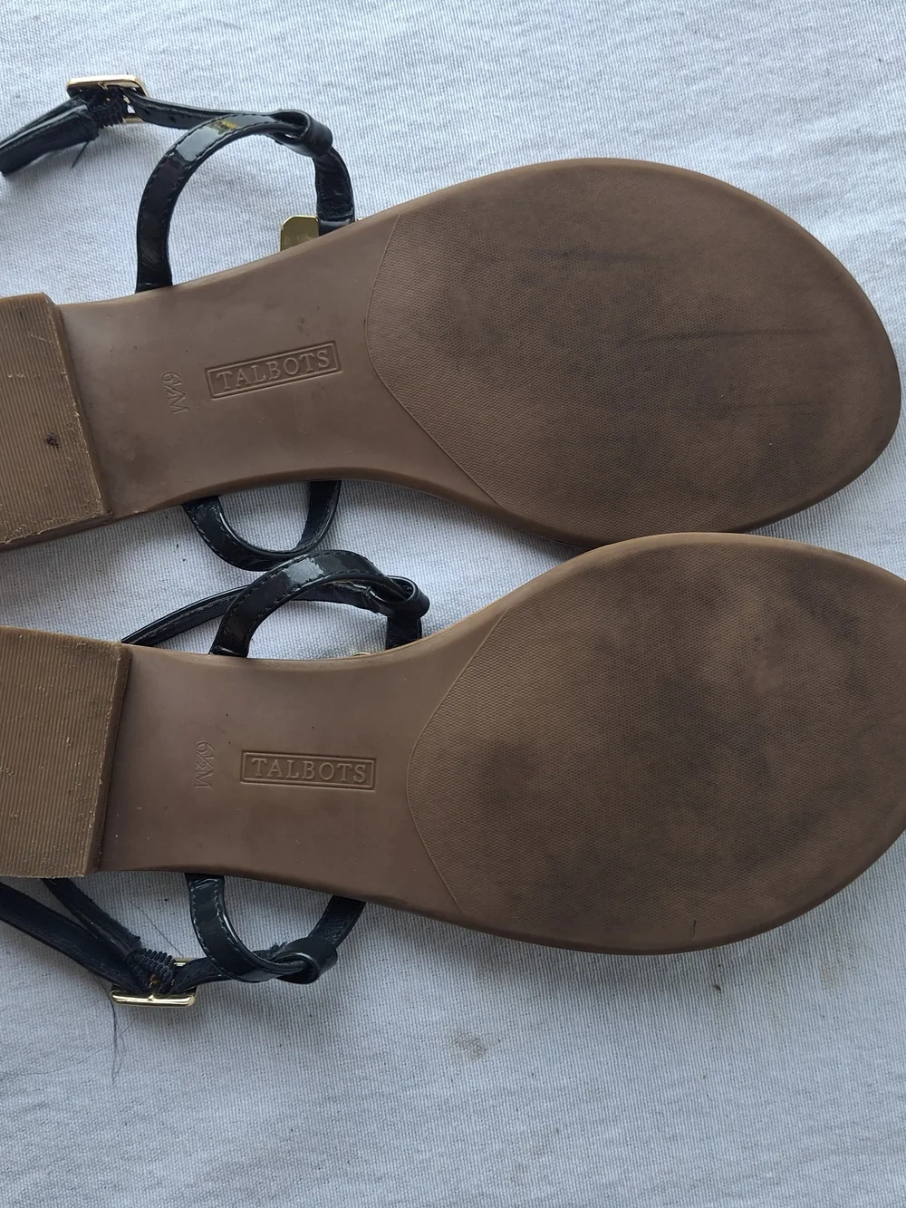 Talbots Black Patent Leather T-Strap Sandals with Gold Accents